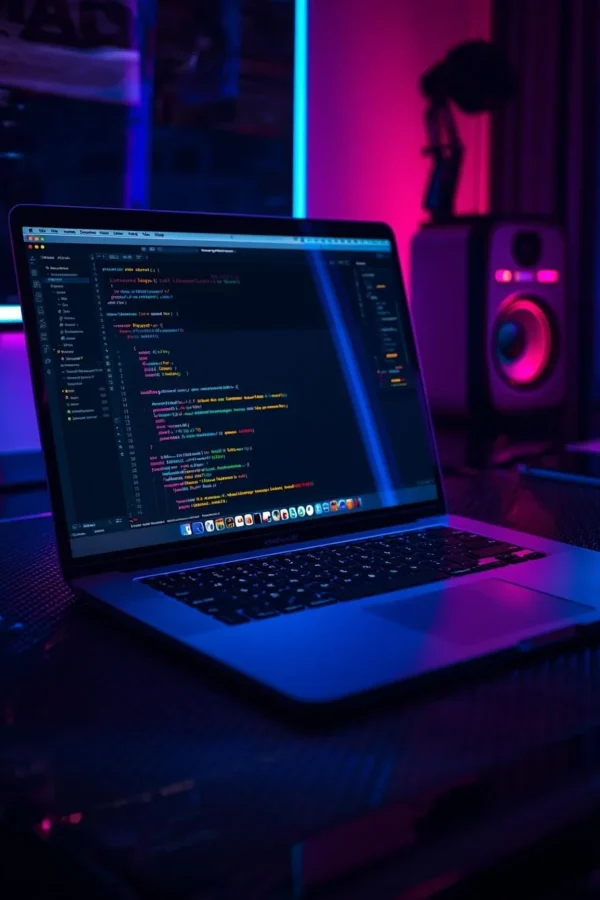 MacBook Pro on a neon-lit carbon desk representing a modern web design workspace